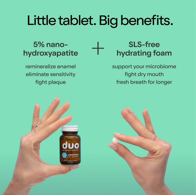 Duo Toothpaste Tablets, Vitamin D3 B12, Nano-Hydroxyapatite, Wild Mint | Nano-hydroxyapatite, enamel remineralization, gentle whitening, sensitivity relief, vitamin D3 and B12, wild mint sage taste Immunity 62 Count (Pack of 1)