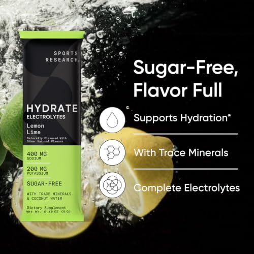 Sports Research Hydrate Electrolytes Dynamic Duo - Sugar-Free & Naturally Flavored with Vitamins, Minerals, and Coconut Water - 32 Hydration Packets of Lemon Lime & Raspberry Lemonade
