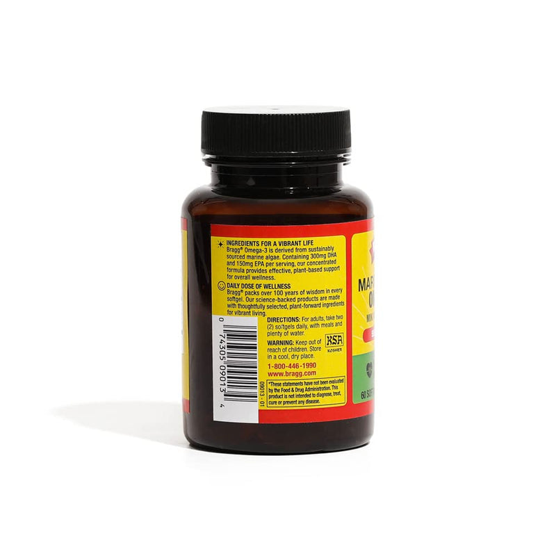 [Australia] - Bragg Vegan Omega 3 Supplement – Sustainably Sourced Marine Algae – Helps Support Brain, Eye & Heart Health - includes EPA & DHA Fatty Acids – Non-GMO - 60 Softgels 