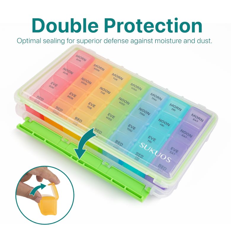 Sukuos Weekly Pill Organizer 7 Day 4 Times a Day 2 Pcs, Easy to Open Large Daily Pill Box, Moisture-Resistant Medicine Cases for Medication/Vitamin/Fish Oil/Supplements (Rainbow) Rainbow (2 Pack)