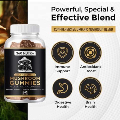 Premium Organic Mushroom Gummies| Immune Support and Antioxidant Boost Vegan Gummies | All-Natural Immunity-Enhancing Mushroom Supplements for Adults| Focus Gummies for Memory, Focus and Nerve Health