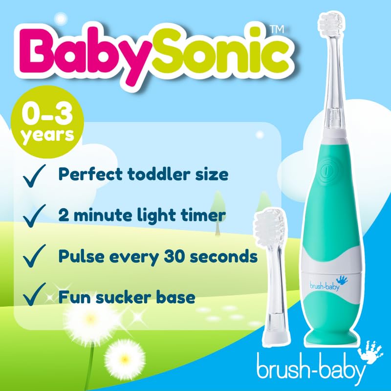 [Australia] - brush-baby BabySonic Infant and Toddler Electric Toothbrush for Ages 0-3 Years - Smart LED Timer and Gentle Vibration Provide a Fun Brushing Experience - includes 2 Sensitive Brush Heads (Teal) Teal 