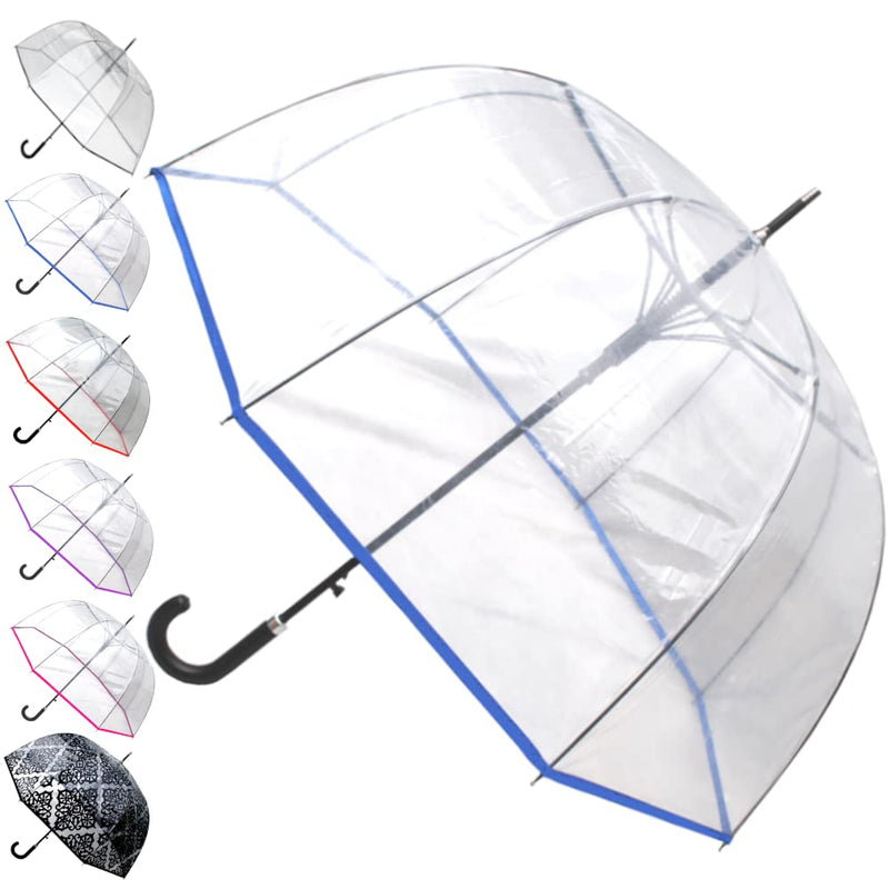 Rare Automatic - Clear Dome Umbrella For Rain and Wind - Windproof Strong | Heavy Duty Umbrella - Best for See Through Visibility - Transparent Fiberglass Men Women Blue Trim
