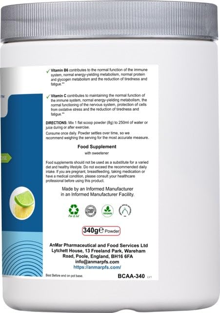 AnMar® BCAA Powder Drink – 2:1:1 Branched Chain Amino Acids with Citrulline Malate, Vitamin B6 & Vitamin C – Lemon & Lime Flavour Amino Acid Drink – 340g (Approx. 42 Servings)