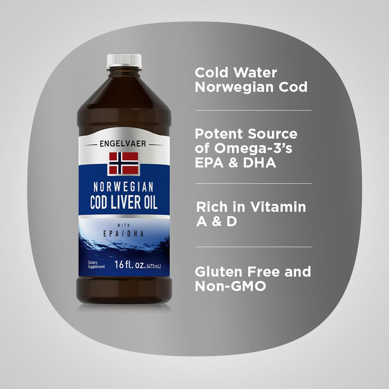 [Australia] - Piping Rock Cod Liver Oil Liquid 16 fl oz | with EPA DHA | Engelvaer Norwegian | Non-GMO, Gluten Free Supplement 16 Fl Oz (Pack of 1) 