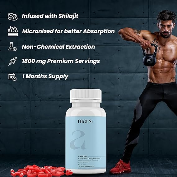 Mars by GHC Micronized Creatine Monohydrate Caps | Powered with Shilajit | 120 Capsules | Pack of 1 (240)