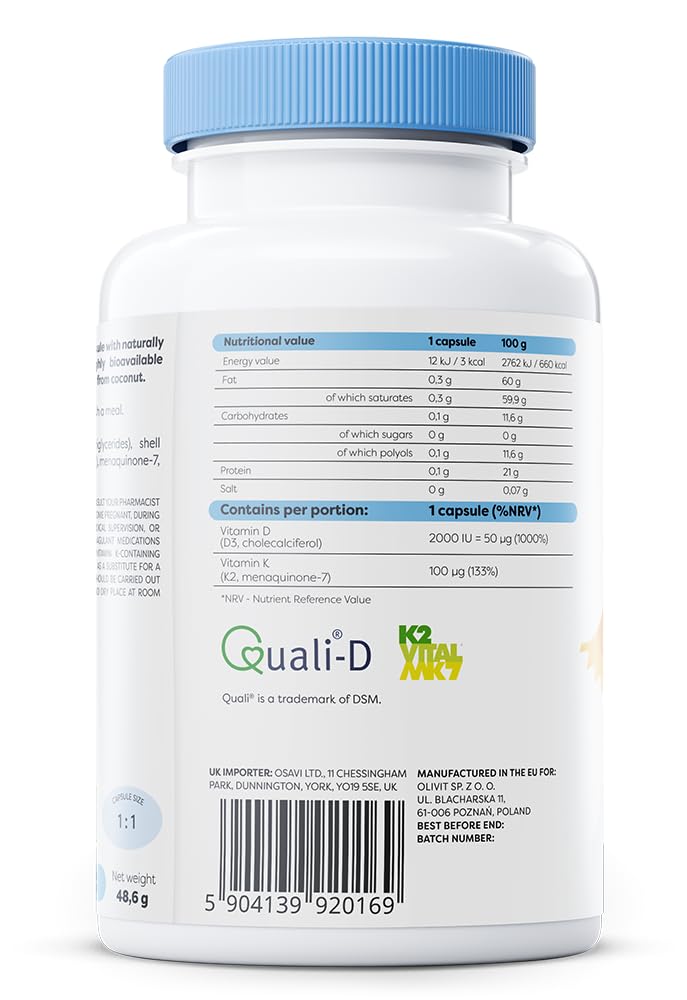 Osavi Vitamin D3 + K2, 2000 IU + 100 μg – 120 Softgels | Supports Bone, Teeth & Immune Health | with Quali®–D & K2VITAL® for High Absorption | MCT Oil–Based Formula 120 count (Pack of 1)