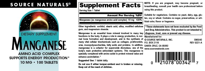 [Australia] - Source Naturals Manganese, Amino Acid Chelate - Supports Energy Production - 100 Tablets 