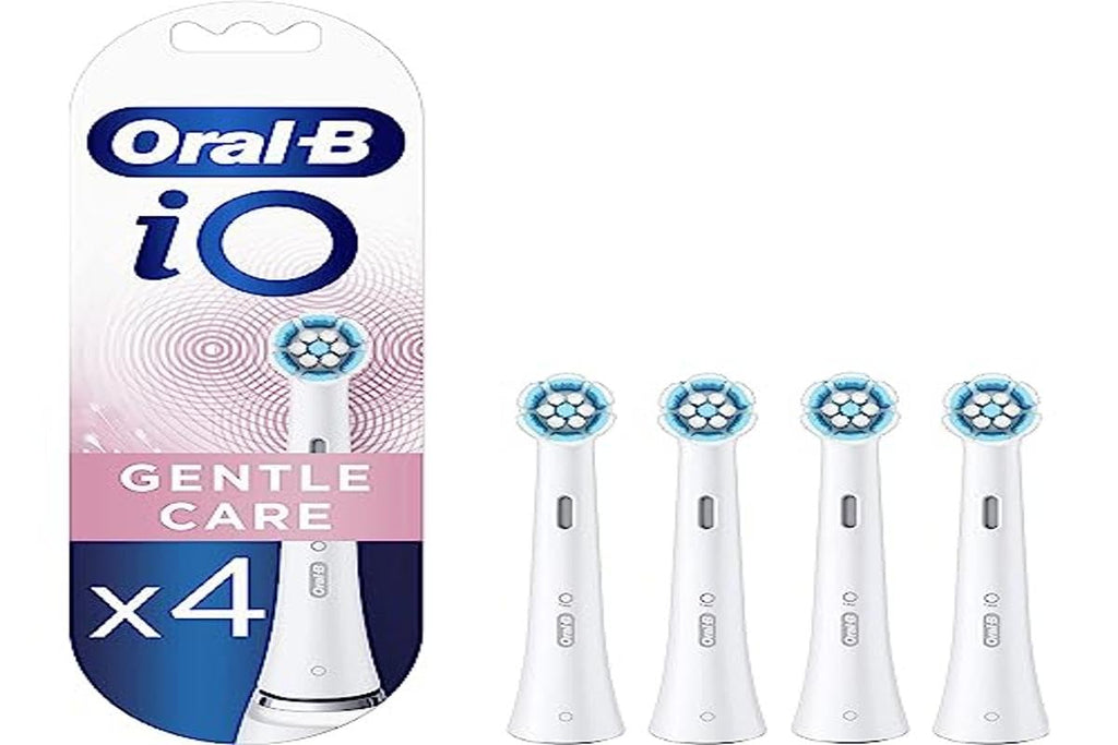 Oral-B iO Gentle Care Electric Toothbrush Head, Twisted & Angled Bristles for Deeper Plaque Removal, Pack of 4 Toothbrush Heads, Suitable for Mailbox, White Pink 4 Count (Pack of 1)