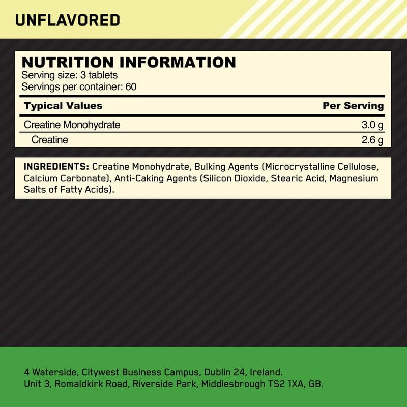 Optimum Nutrition Creatine Tablets, 3 g of Creatine Monohydrate per Serving, Unflavoured, Supplement to Support Performance During High‑Intensity Training, 180 Tablets, 60 Servings