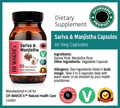 DR WAKDE'S Sariva & Manjistha Capsules (60 Veg Caps, Detoxifying Herbs, Supports Healthy Skin, Ayurvedic Supplement, Vegan, Herbal, All Natural, Made in UK)
