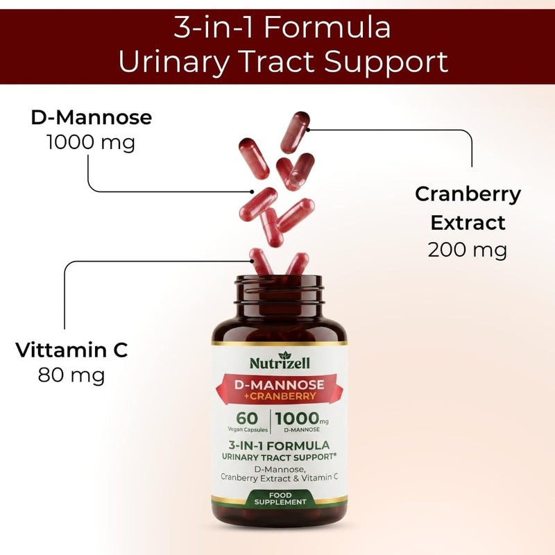 D-Mannose Cranberry 1000mg – 60 Vegan Capsules | 3-in-1 Formula with Vitamin C | Urinary Tract Support Supplement for Women & Men