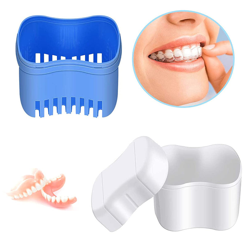 [Australia] - Denture Cleaner Box and Brush Set - 2 Pack Denture Bath Case with Basket + 2 Pack Denture Brush, Portable Denture Retainer Storage Box, False Teeth Brushes for Oral Care (Blue and Red) Blue and Red 