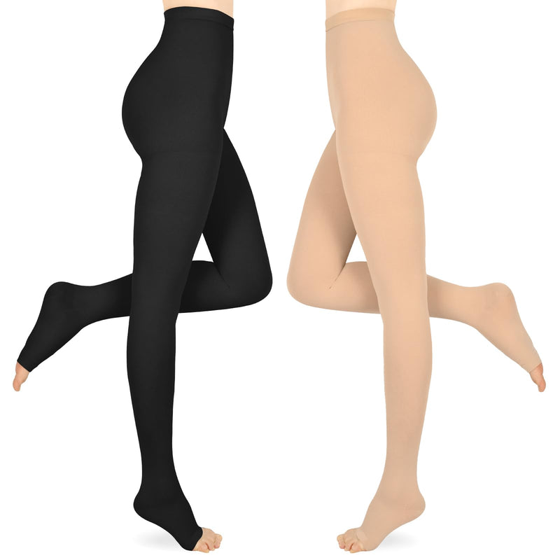 [Australia] - Compression Pantyhose for Women & Men, 2 Pairs 15-20mmHg Medical Graduated Compression Stockings Leggings Medium Open Toe/Black*Beige/2 Pair 