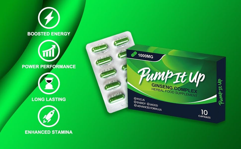 PUMP IT UP Green 1000mg | Stronger | Longer | Harder | Performance | Extra Strength Enhancing Pills, Stamina Endurance Booster Supplement Pills for Men | 10 Ginseng LIBIDO Booster Capsules