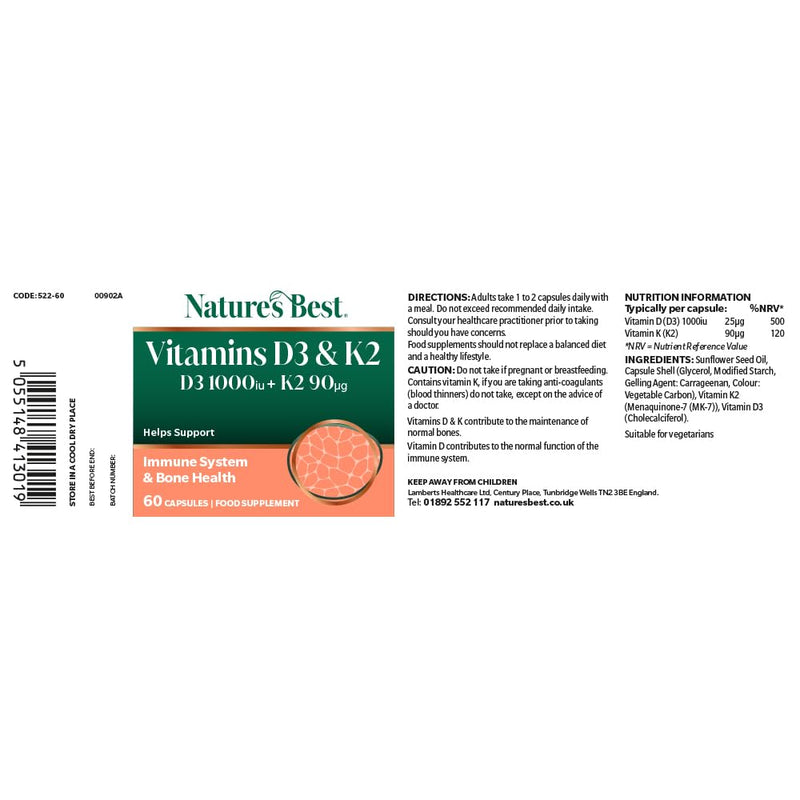 Nature's Best Bone & Immune Boost - High Strength Vitamin D3 1000iu & K2 90µg - Optimal Support for Bones, Teeth, and Immune Function - UK Made - 60 Capsules (2 Months' Supply)