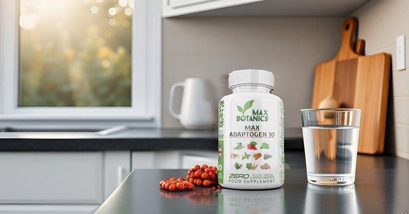 Max Adaptogen 10 Balance, Fatigue, Energy Boost & Stress Support 10-Herb Adaptogen High Strength Mushroom Blend with Ashwagandha, Rhodiola & Ginseng Natural Vegan UK Made (120 Capsules) 120 count (Pack of 1)