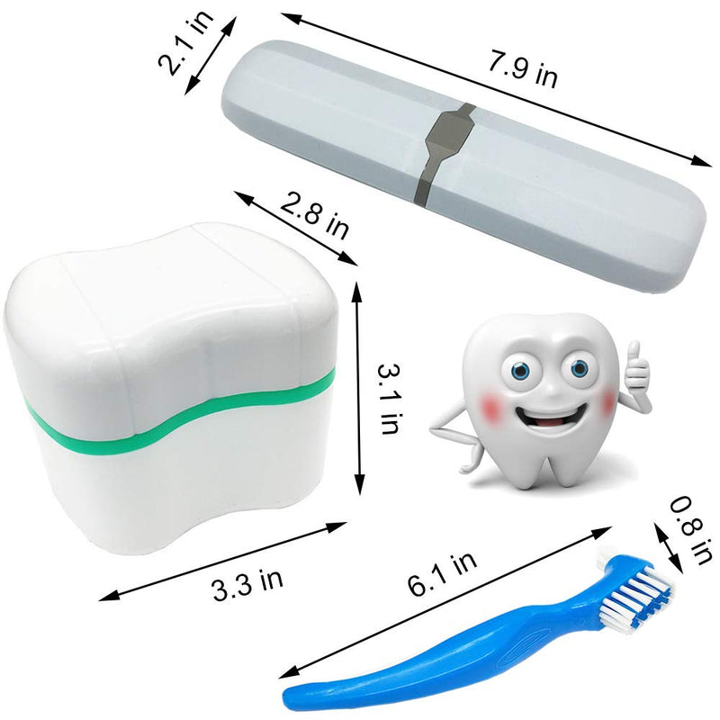 [Australia] - Denture Case Kit - 2 Bath Cups, 2 Brushes & 2 Portable Toothbrush Boxes, Retainer Bath With Lid, Cleaning Boxes, Travel Toothbrush Kit Blue & Light Green 