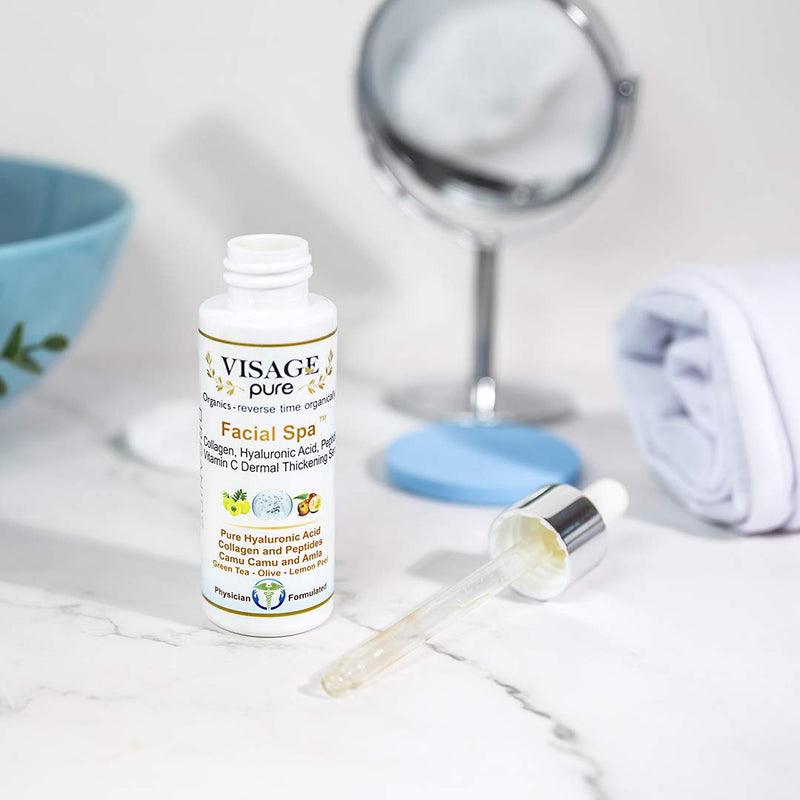 Facial Spa"Dermal Thickening" Serum - Organic - Physician Formulated - Research Supported - Extra Nutrient and Vitamin C Charged Blend of Collagen, Hyaluronic Acid and Peptides