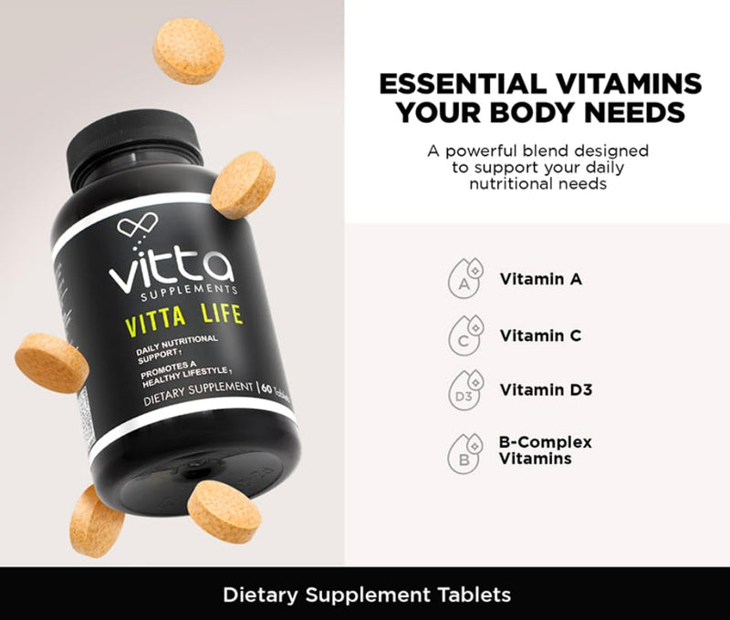 Vitta Life Tabs | Multivitamin with Vitamin A, Vitamin C, Vitamin D, Thiamin B1, Riboflavin B2, Niacin, Vitamin B6, Vitamin B12, Pantothenic Acid, Calcium, Phosphorus | 60 Tabs
