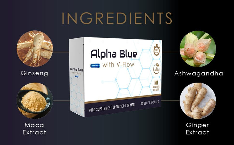 Alpha Blue with V Flow | Optimised for Men | 30 Capsules | Fast Acting | All Natural | No Side Effects or Fillers | Ginseng | Ashwagandha | Maca | Ginger | V Pill 30 count (Pack of 1)