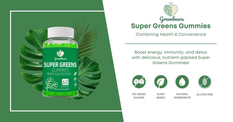 Super Greens Gummies – Daily Greens Supplement with Spirulina, Chlorella, Wheatgrass & Probiotics – Natural Energy, Immune & Digestive Support – Vegan, Non-GMO, 60 Gummies