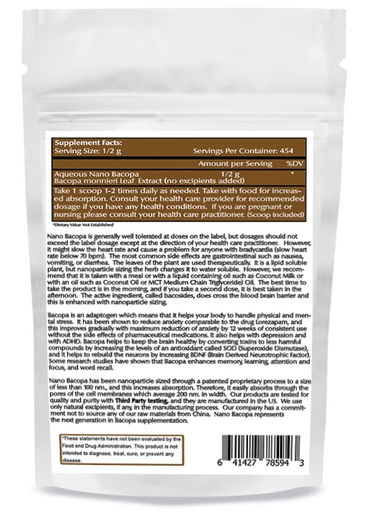 [Australia] - Nano Bacopa Powder 8 oz (227 Servings), Bacopa monnieri Extract, Nano for Easy Absorption, Enhances Memory & Focus, Excipient-Free, Non-GMO, Vegan, Gluten-Free 