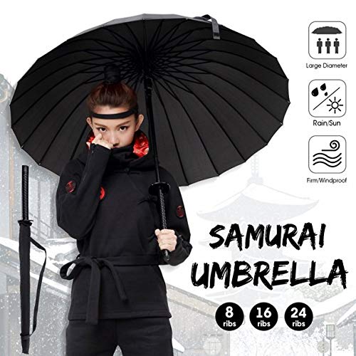 Samurai Umbrella Creative Semi-Automatic Katana,Gifts For Cosplay Decoration. Windproof Outdoor Umbrella.Sun Protection Umbrella Black. 16 Bone