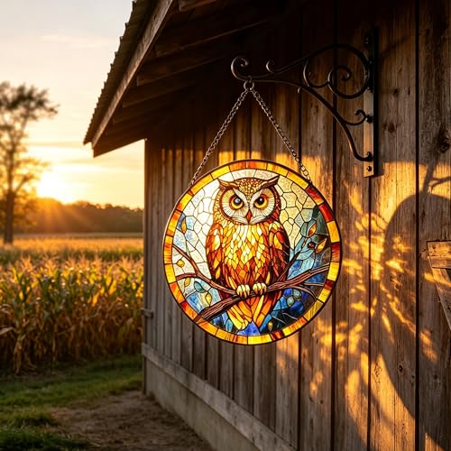 Stained Glass Owl Suncatcher, 7.8’’ Bird Window Hanging Gift for owl Lovers