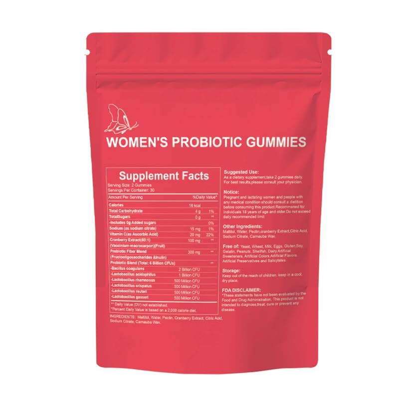 Women's Probiotic Gummies, Premium Feminine PH Balance Gummy, 5 Billion CFUs, Cranberry Flavour, Sugar-Free, Vegan, 60 Count