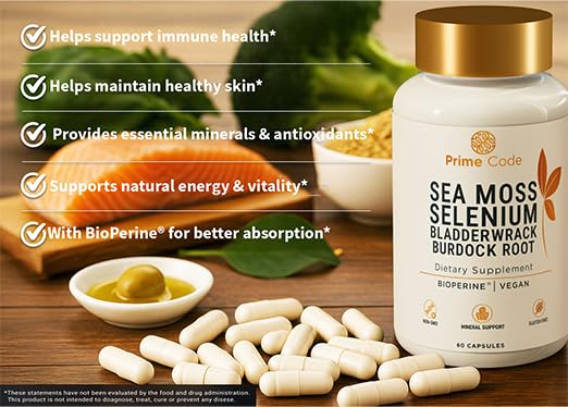 Prime Code Sea Moss Capsules with Selenium – 3-in-1 Blend with Bladderwrack & Burdock Root – Supports Immune Health & Daily Wellness – Vegan – 60 Capsules