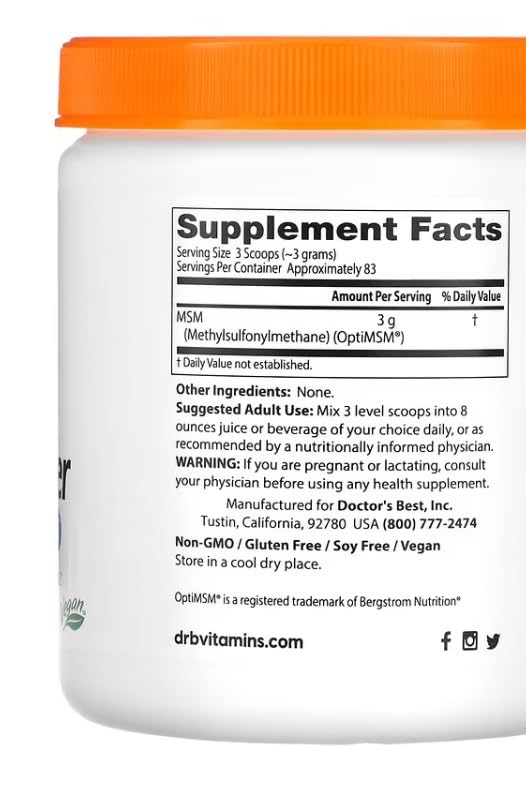 DoctorsBEST Doctor's Best - MSM with OptiMSM Powder | High Purity Sulphur Compound for Joint and Skin Health - 250g