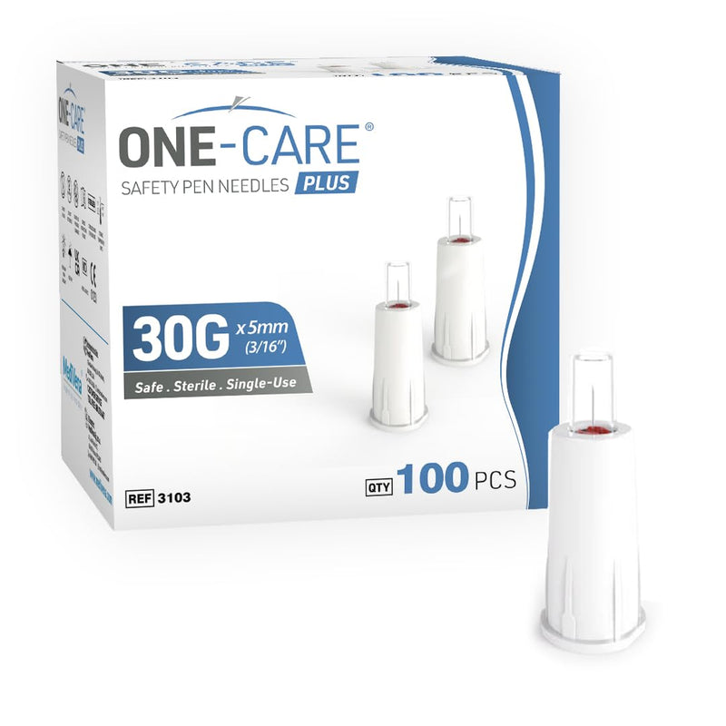 [Australia] - ONE-CARE Plus Safety Pen Tips 30G x 5mm, Comfort, Universal Design, Box of 100 