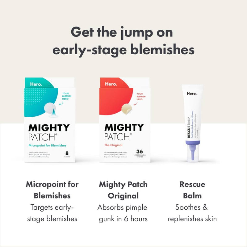 [Australia] - Mighty Patch Micropoint Large Hydrocolloid Pimple Patches for Face Blemishes from Hero Cosmetics, Acne Stickers for Early Stage Zits & Hidden Pimples, 395 Proprietary Micropoints, 8 Count 8 Count (Pack of 1) 