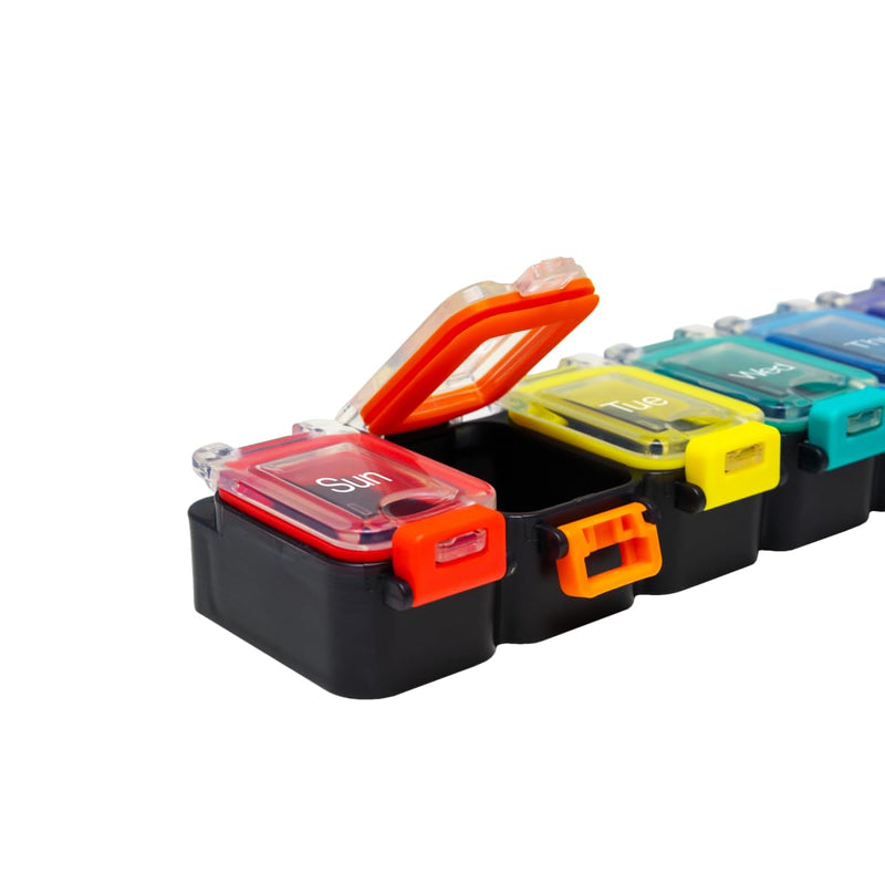 Ezy Dose Weekly (7-Day) Pill Organizer, Medicine Planner, Rainbow/Black | Daily Vitamin & Supplement Case, Waterproof Locking Compartments to Secure Prescription Medication, Travel-Friendly, BPA-Free