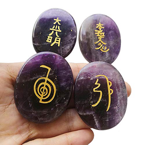 4 Pcs Amethyst Engraved Chakra Stones Healing Crystal Reiki Balancing Palm Stone, 45mm