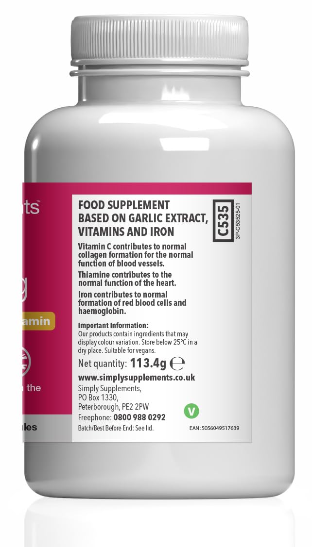 High-Strength Garlic Capsules | Supports Heart, Normal Blood Circulation & Immune Health | with Vitamin C, Iron & Thiamine | Vegan Friendly | 180 Capsules = 3 Months’ Supply | UK Made Unflavoured 180 count (Pack of 1)