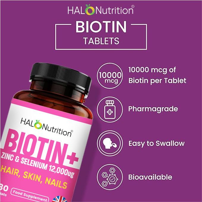 Hair Skin and Nails Vitamins with Biotin, | Biotin Hair Growth | Zinc and Selenium | 180 Vegetarian Tablets | Beauty Supplement for Women and Men | Halal Vitamins |- UK Made By Halo Nutrtion