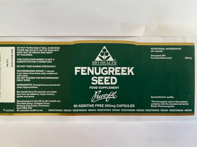 Bio-Health Fenugreek Seed 550mg Herbal Food Supplement for General Health, Suppports Normal Blood Sugar Levels and Cholesterol, Additive Free, 60 Capsules