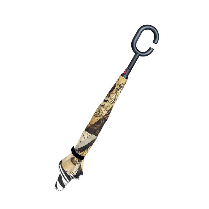 ALAZA Vintage Tattoo Skull Windproof Inverted Open Close Reverse Rain Umbrella Inside Out Quality Waterproof Parasol Upside Down Stick Shelter with Hook c Handle multi 5 one size