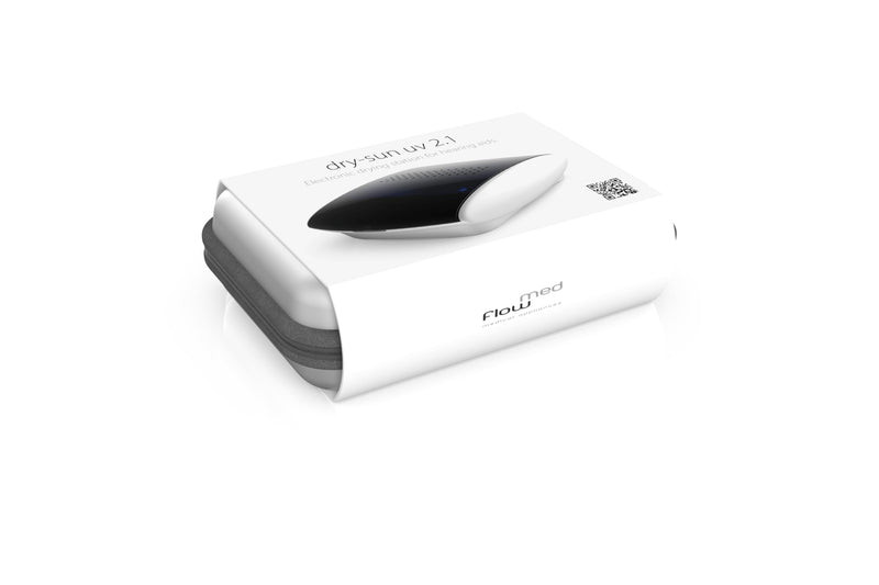flow-med Dry-Sun UV 2.1 - Hearing Aid Drying Box - UV-C & Blue Light - Removes Moisture - Medical Product - Temperature Control - Automatic Shut-Off - USB-C - Storage Pouch – European Development