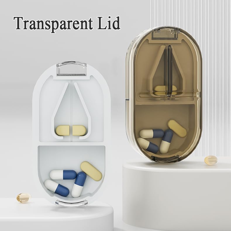 Travel Pill Organizer, 2-in-1 Small Portable Tablet Splitter Box | Tablet Cutter Pill Case for Cut Pills, Medication, Vitamin, Fish Oil, Supplement, Capsule Sorter, Transparent Brown Container