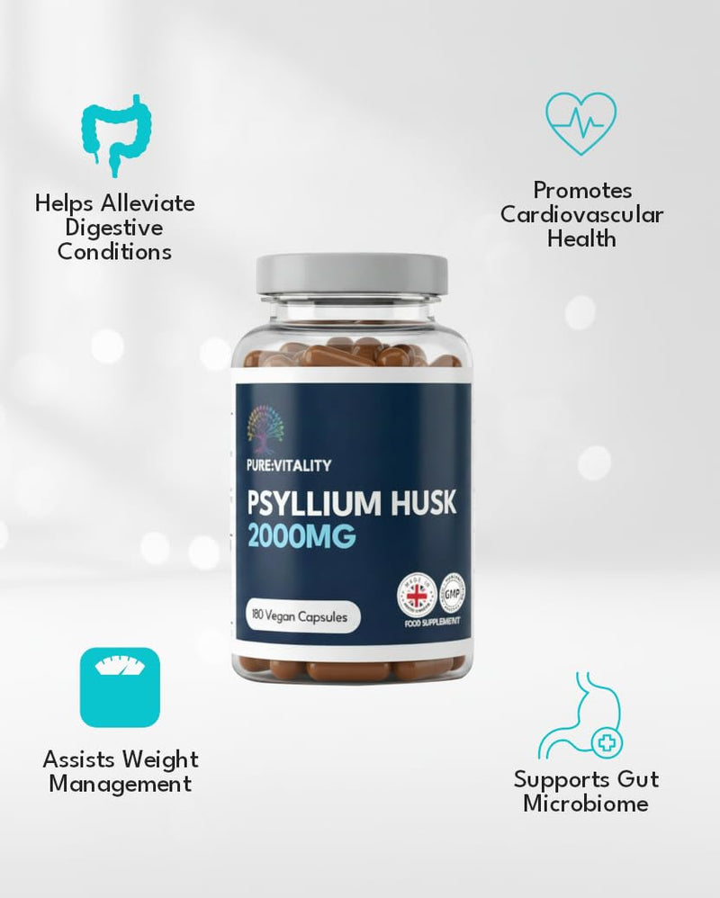 Pure Vitality | Fibre Supplement 2000mg Psyllium Husk | 180 Vegan Capsules - High Strength - Natural Soluble Fiber Supplement from Plantago Ovata Seeds | Made in the UK