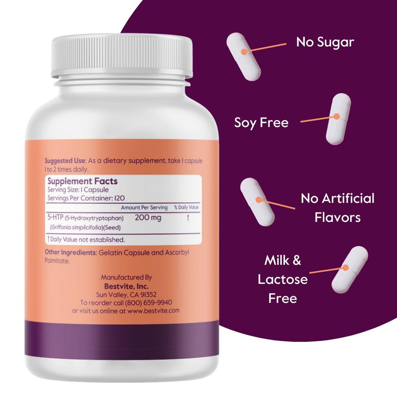 [Australia] - BESTVITE 5-HTP 200mg per Capsule (240 Capsules) (120 x 2) - No Stearates or Flow Agents - Gluten Free - Non GMO 120 Count (Pack of 2) 