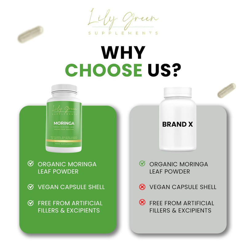 Lily Green Organic Moringa Capsules | High Strength Pure Moringa Supplement | No Artificial Additives | 90 Vegan Capsules | Made in UK