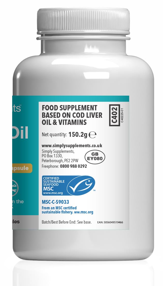 Pure Cod Liver Oil 550mg | Rich in Essential Fatty Acid, EPA, DHA & Omega 3 | Vitamin A & D | 360 Soft-Gel Capsules = Up to 1 Year Supply | UK Made | Made with MSC-Certified Sustainable Cod Liver Oil Unflavoured 180 count (Pack of 2)