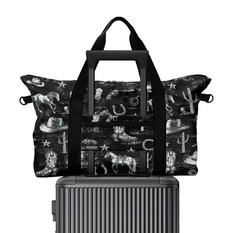 Western Horse Print Travel Duffel Tote Bag Foldable Carry On for Women, Cactus Cowboy Boots Pattern Lightweight Gym Bags for Sport, Road Trip Western Cow Boy Cactus