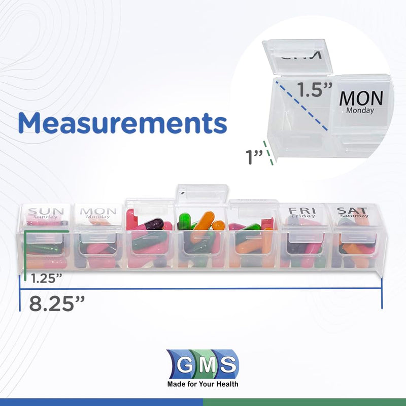 GMS Weekly Pill Organizer - 7-Day Labeled Compartment Pill Case for Supplements, Vitamins and Medication - Secure Latches - Ideal for Daily Use & Travel - Clear 1