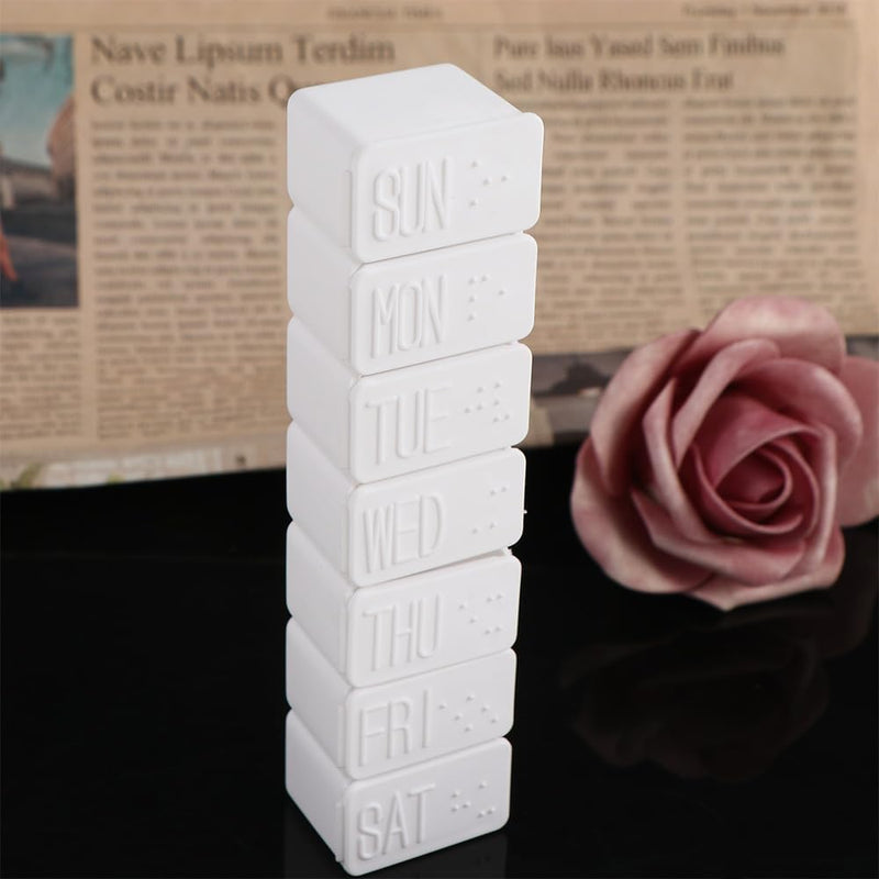 White Portable Weekly Pill Organizer, Travel Daily 7-Days Braille Pill Box Containers for Medicine Supplements Vitamin Fish Oil Personal Pill Organizers