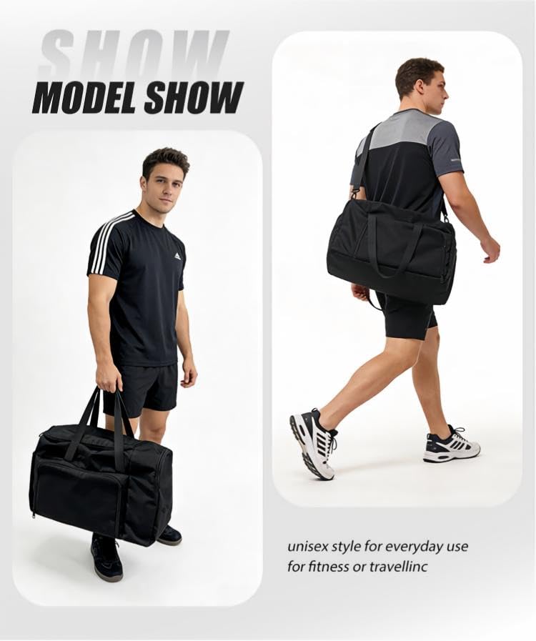SSZYace Black Travel Bag, Waterproof Duffel Bag with Separate Shoe Compartment, Laptop Sleeve, Luggage Strap & Front Waterproof Pocket for Wet Clothes